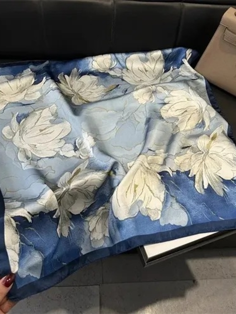 Blue Floral Satin Scarf - Elegant White Blossom Print